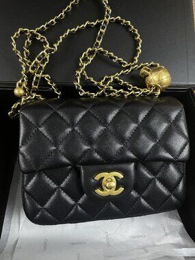 Chanel Mini Classic Flap Bag, Black Lambskin, Limited Edition Globe Chain Strap
